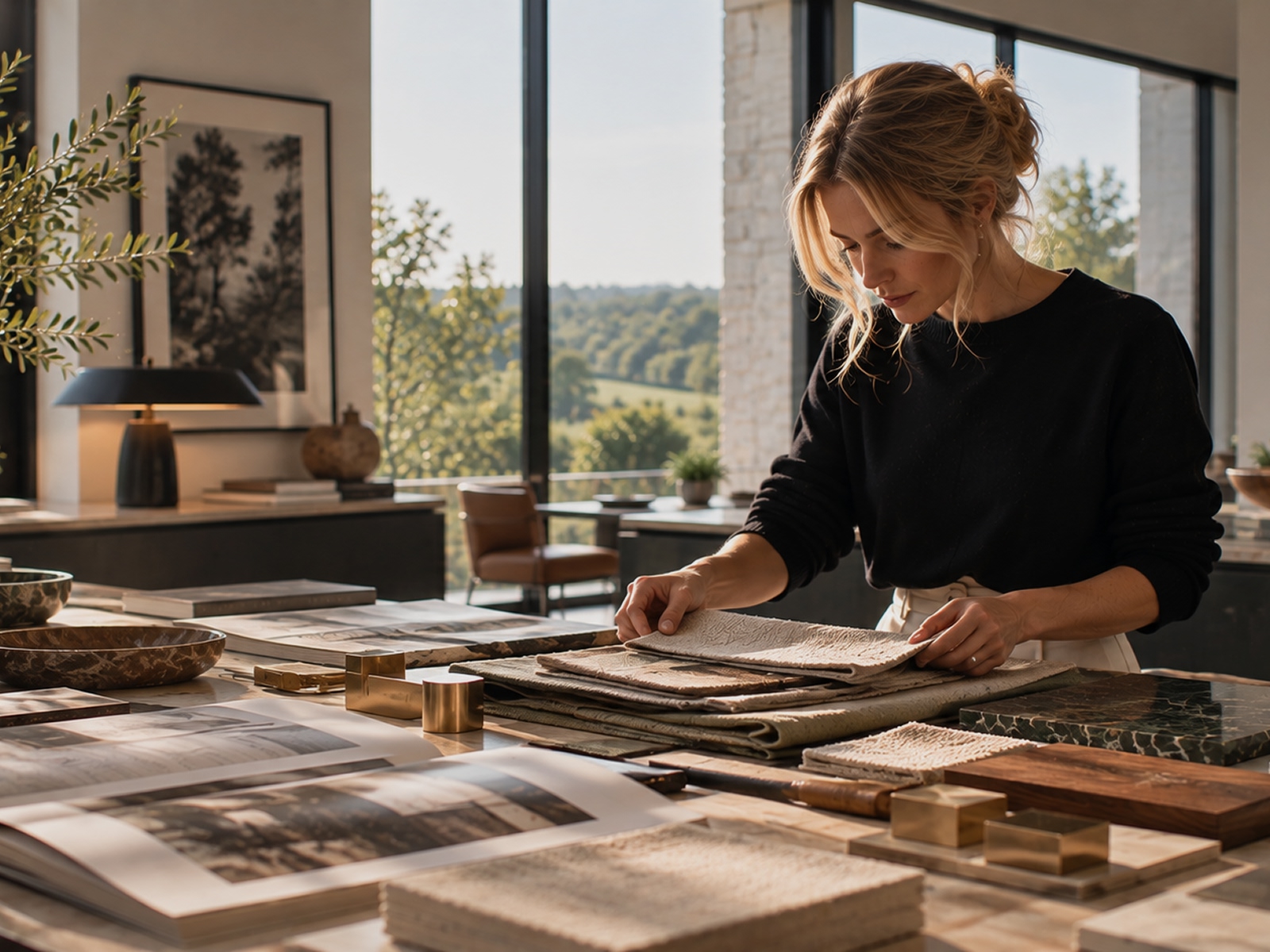 A contemporary British design studio bathed in natural light, where a young designer explores a carefully curated selection of fabrics, stone, timber and tactile materials.
